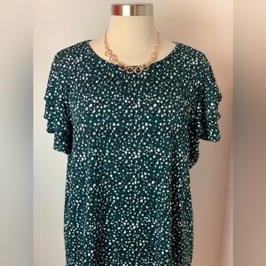 Adrianna Papell Green Black White Pleated Blouse Ruffle Sleeve Size Large